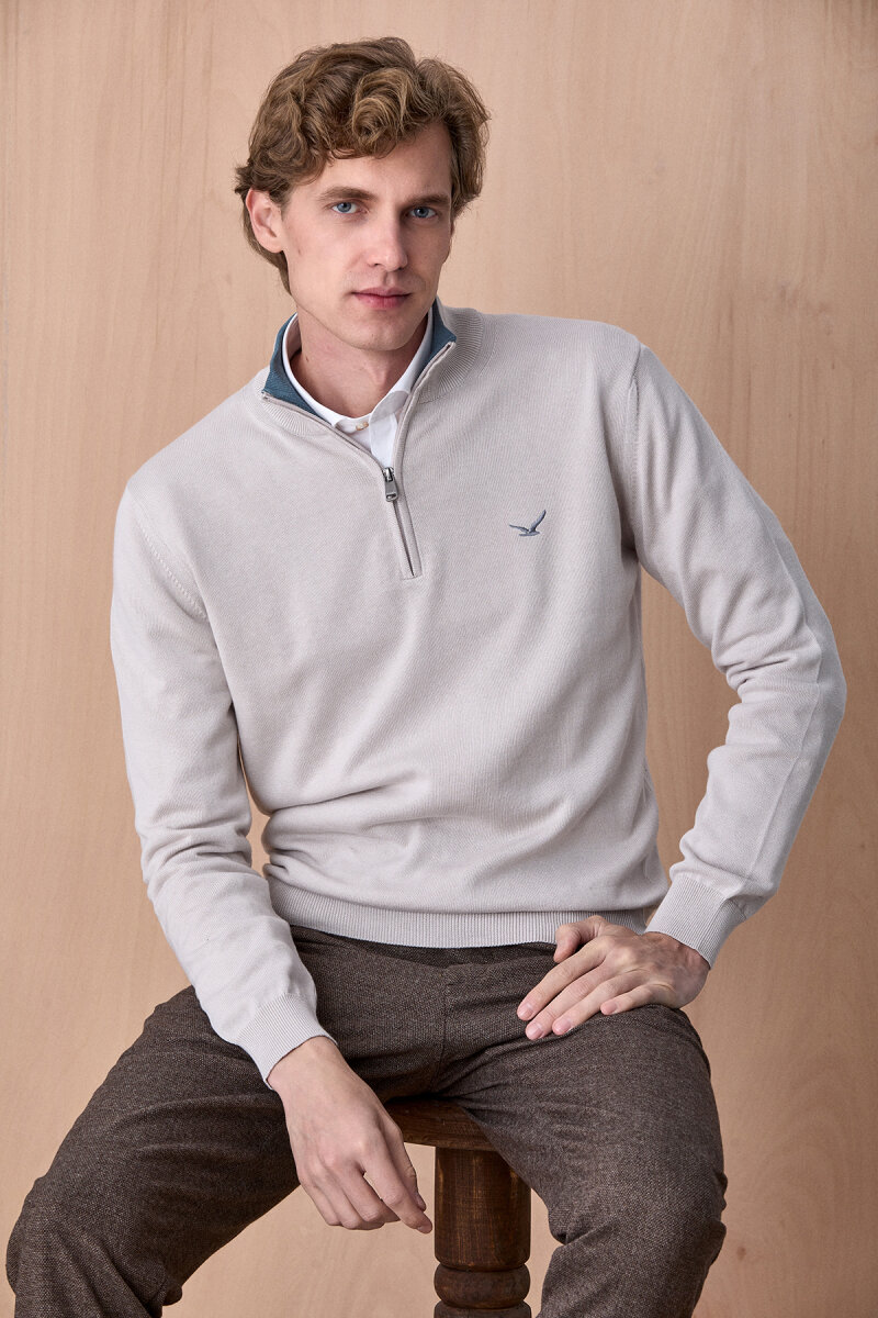 Buz Grisi %100 Pamuk Fermuarlı Kazak