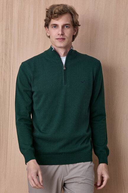 Koyu Yeşil %100 Pamuk Fermuarlı Kazak 