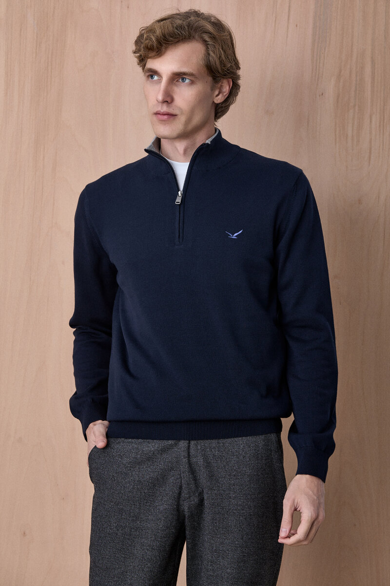 Lacivert %100 Pamuk Fermuarlı Kazak