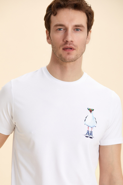White Seagull Printed T-Shirt Beyaz