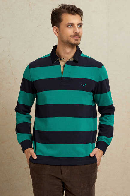 Navy Blue - Green Velvet Collar Sweatshirt 