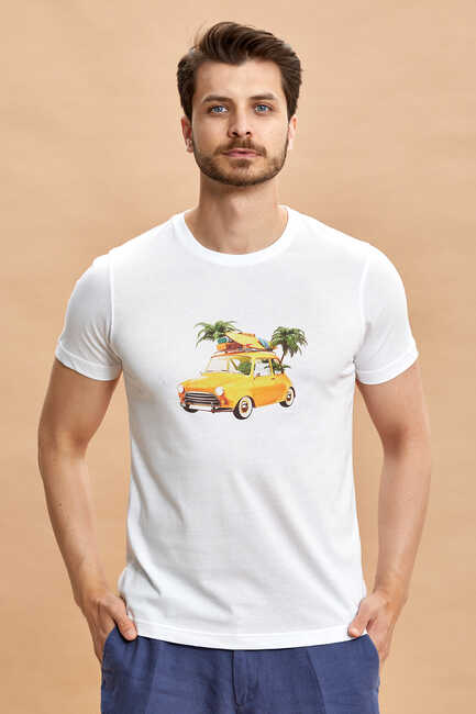 White 100% Cotton and Printed T-Shirt Beyaz