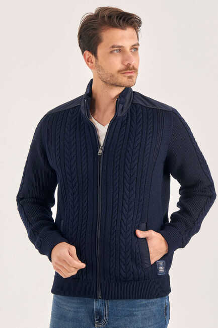 Navy Blue 100% Cotton Cable Knit Zip-Up Jacket Lacivert