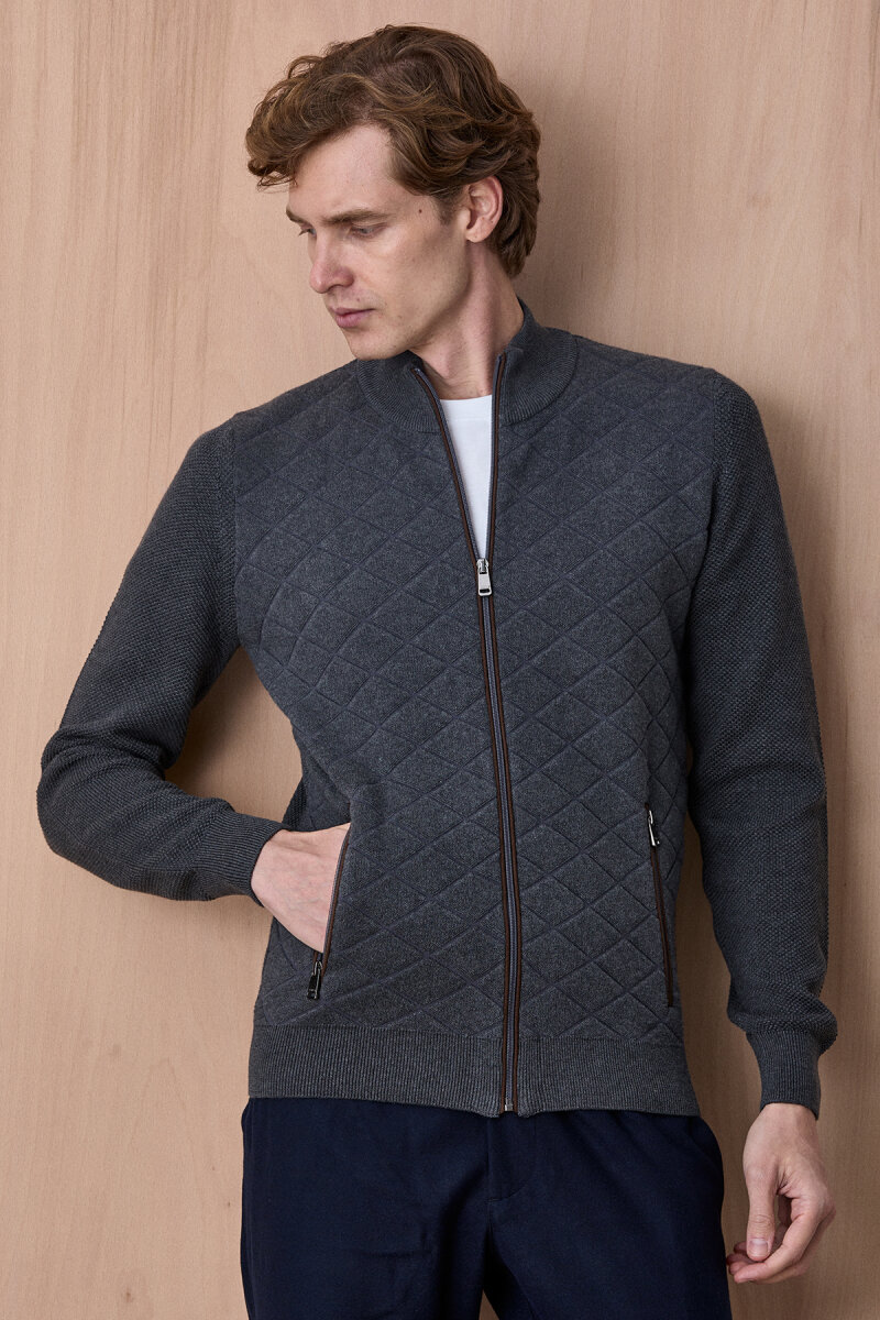 Antrasit Pamuklu Fermuarlı Kazak