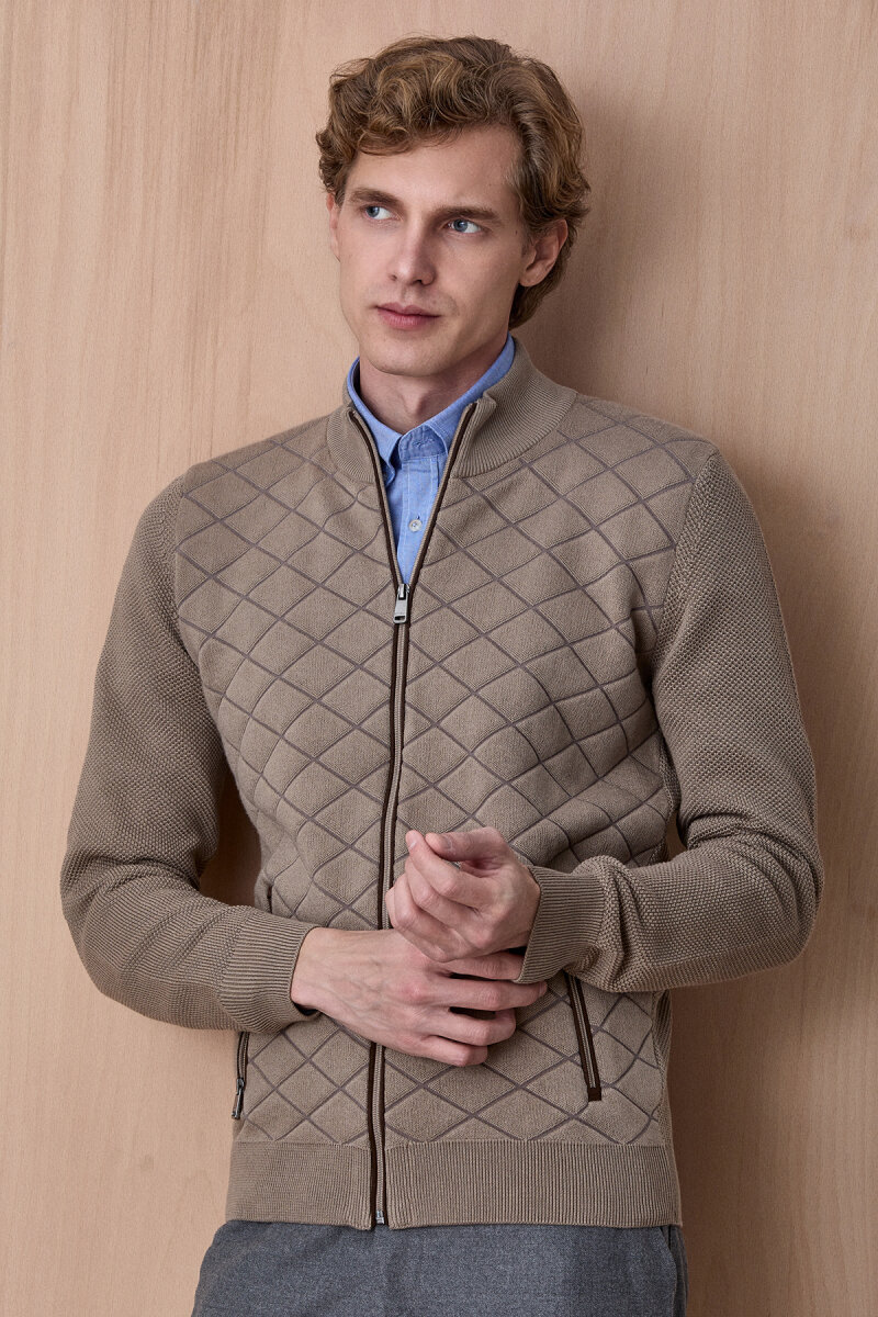 Bej Pamuklu Fermuarlı Kazak