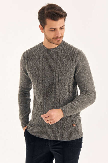 Anthracite Wool Jacquard Crew Neck Sweater