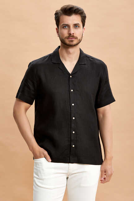 Black Short-Sleeved 100% Linen Shirt 
