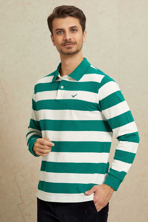 Ekru - Yeşil Çizgili Polo Sweatshirt - 6