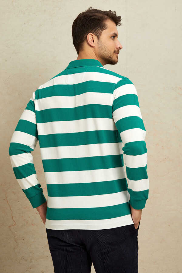 Ekru - Yeşil Çizgili Polo Sweatshirt - 7