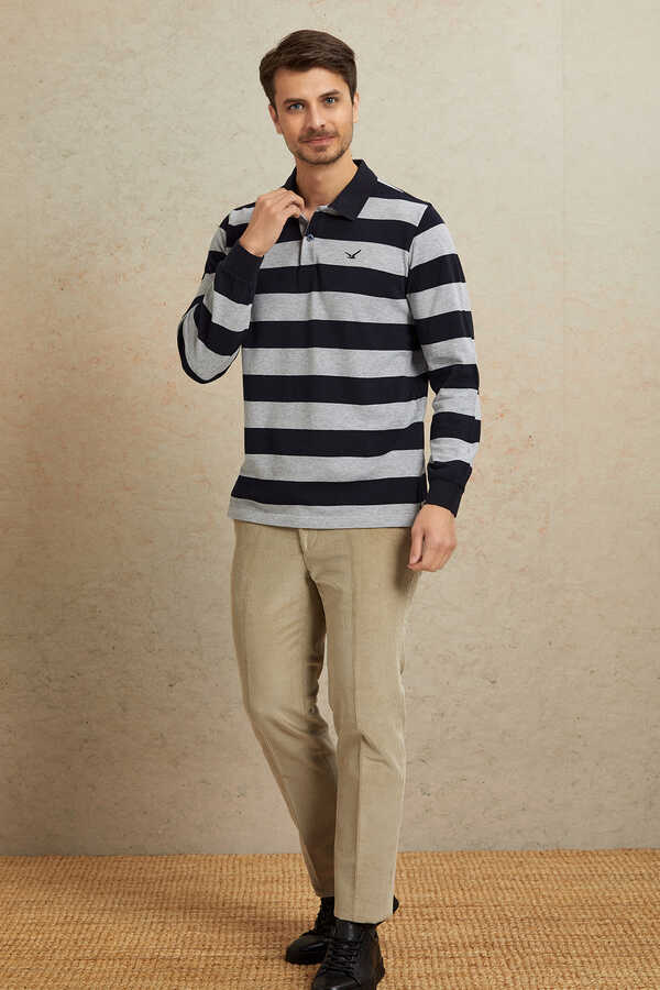 Gri - Lacivert Çizgili Polo Sweatshirt - 3