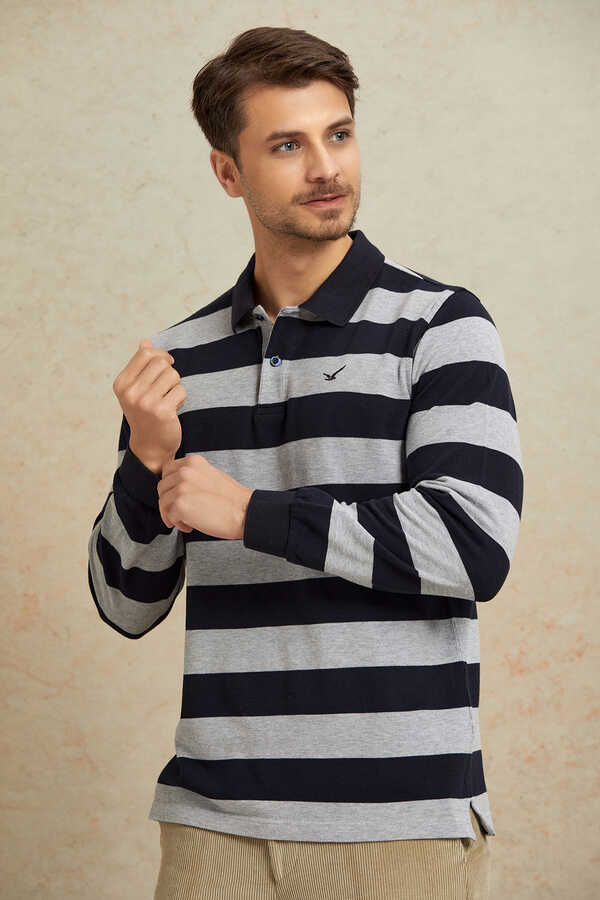 Gri - Lacivert Çizgili Polo Sweatshirt - 4