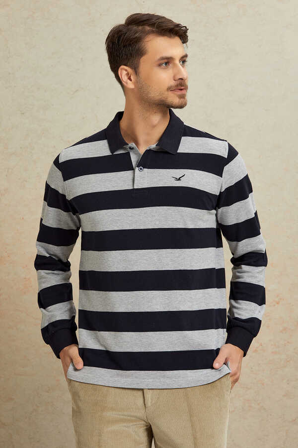 Gri - Lacivert Çizgili Polo Sweatshirt - 5