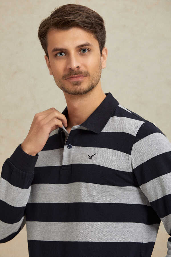 Gri - Lacivert Çizgili Polo Sweatshirt - 2