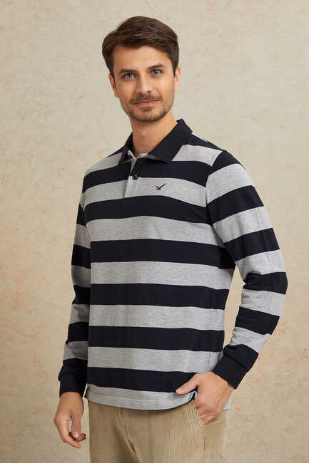 Gri - Lacivert Çizgili Polo Sweatshirt - SMILE