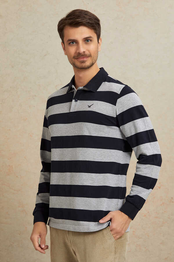 Gri - Lacivert Çizgili Polo Sweatshirt - 1