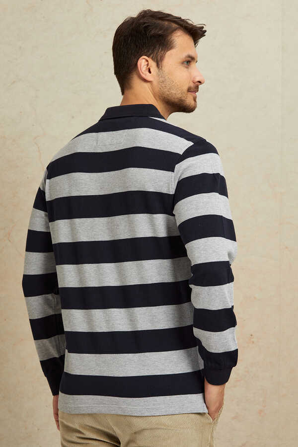 Gri - Lacivert Çizgili Polo Sweatshirt - 6