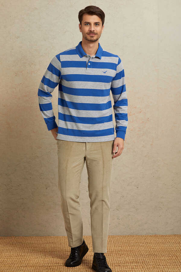 Gri - Sax Çizgili Polo Sweatshirt - 3