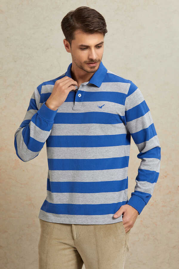 Gri - Sax Çizgili Polo Sweatshirt - 4