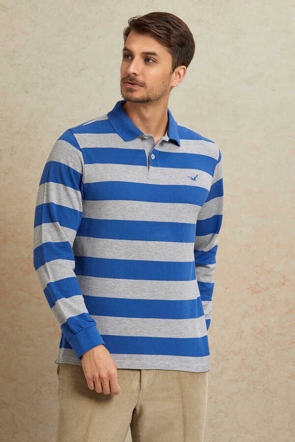 Gri - Sax Çizgili Polo Sweatshirt - 5