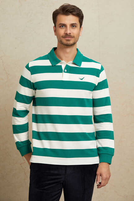 Kırık Beyaz - Yeşil %100 Pamuk Polo Sweatshirt 