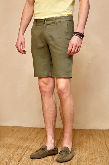 Khaki 100% Linen Bermuda Shorts 