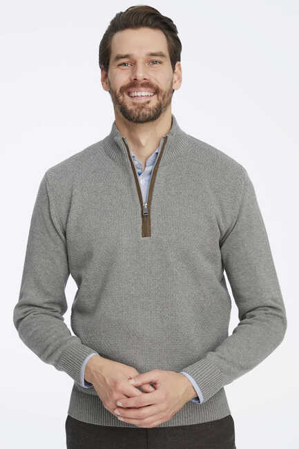 Grey Melange 100% Cotton Short Zip-Up Sweater