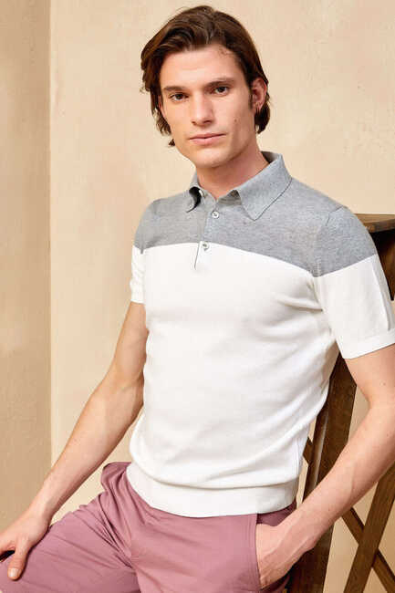 SMILE - MAGENS KNITWEAR POLO T- SHIRT - GREY MELANGE