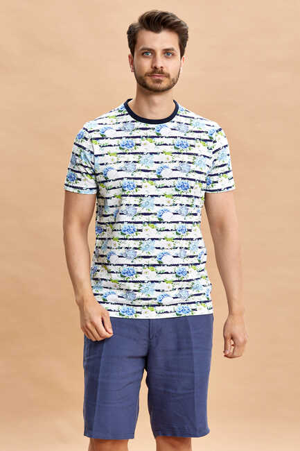 Lacivert - Beyaz Baskılı Tişört