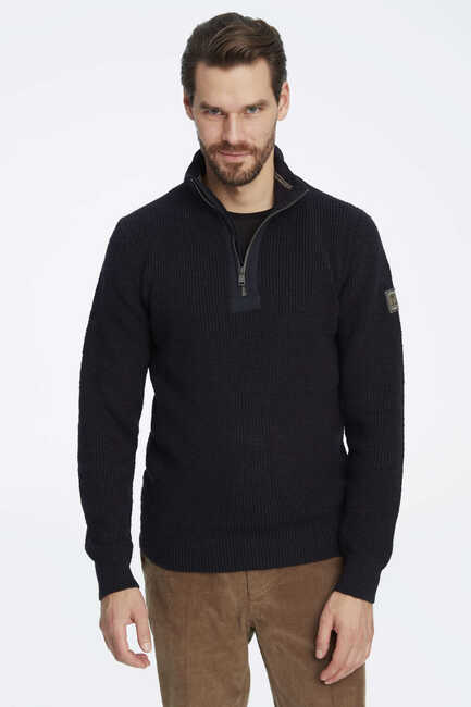 Navy Blue Short Zipper Striped Sweater Lacivert