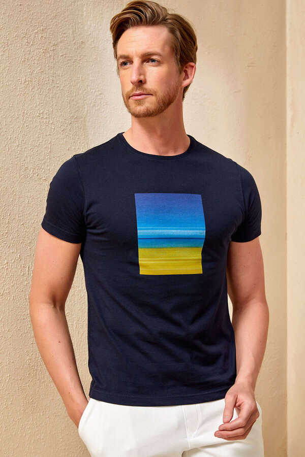 Lacivert %100 Pamuk Baskılı Tişört