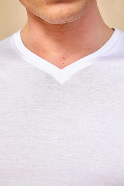 MERCUNI MERCERISED V NECK T- SHIRT - WHITE - Thumbnail