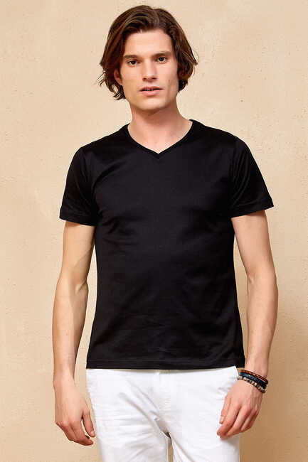 SMILE - MERCUNI MERCERRISED V NECK T- SHIRT - BLACK