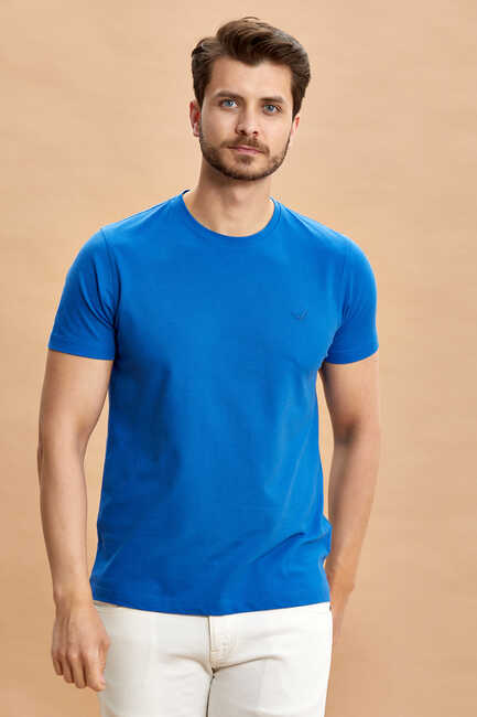 Mavi Pamuklu Bisiklet Yaka Logolu Tişört Royal