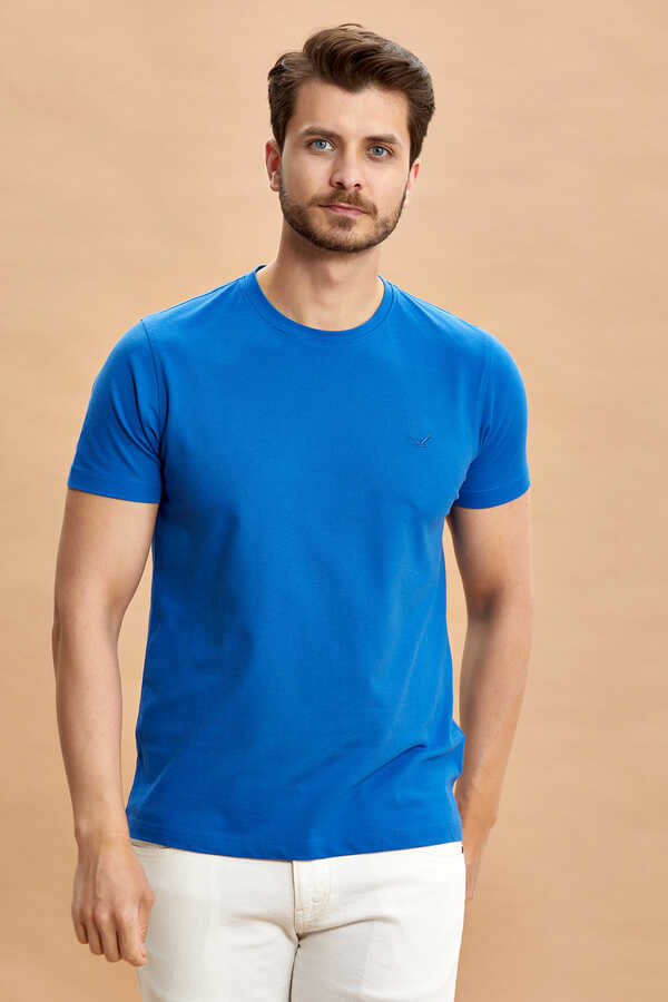 Mavi Pamuklu Bisiklet Yaka Logolu Tişört