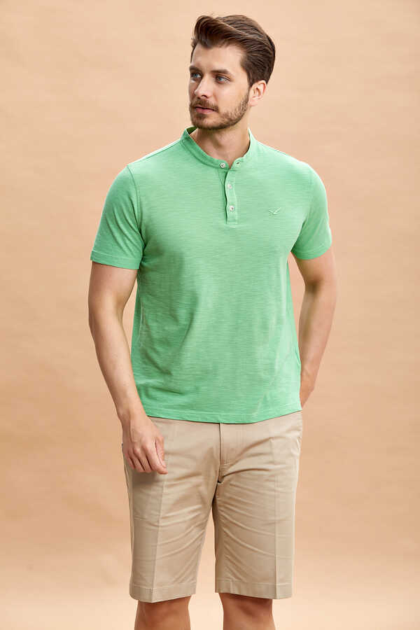 Green 100% Cotton Mandarin Collar T-shirt