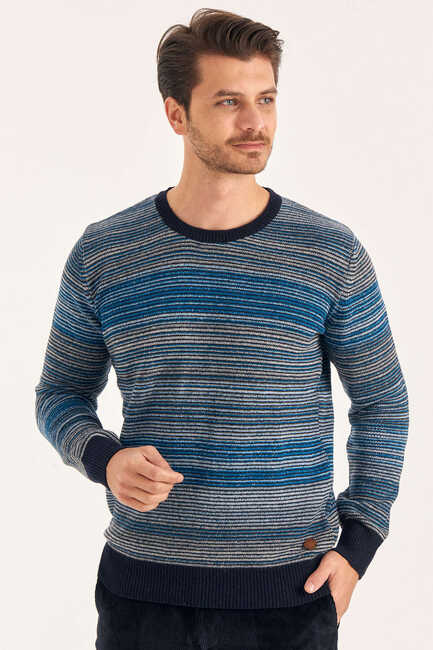 Petrol Wool Crew Neck Striped Sweater