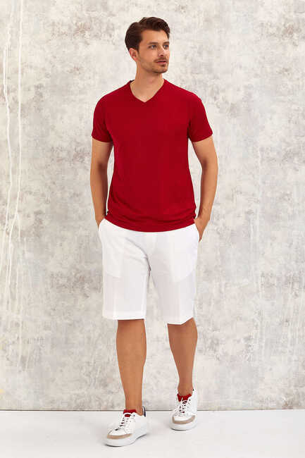Claret Red V-Neck Basic T-Shirt Bordo