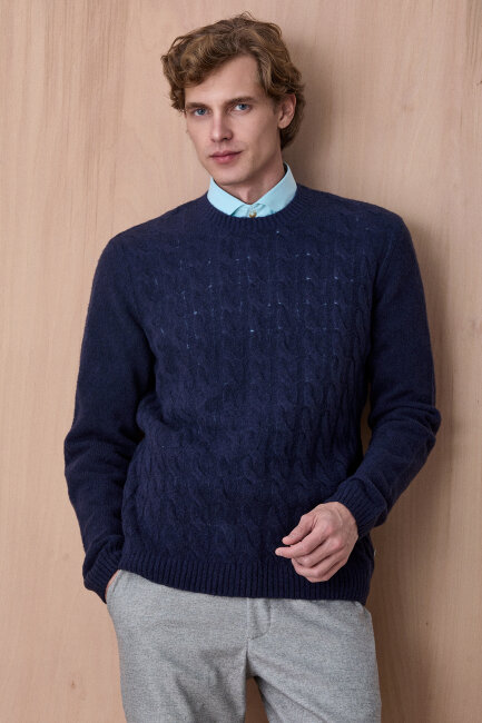 Navy Blue Hair Knit Crew Neck Sweater Lacivert