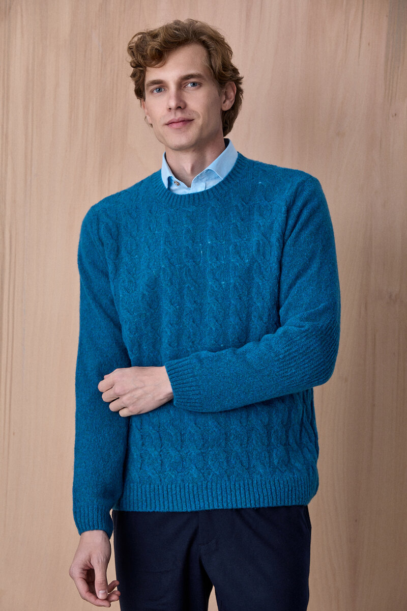 Petrol Yünlü Saç Örgü Bisiklet Yaka Kazak