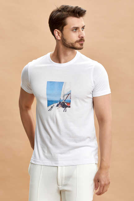 White 100% Cotton and Printed T-Shirt Beyaz