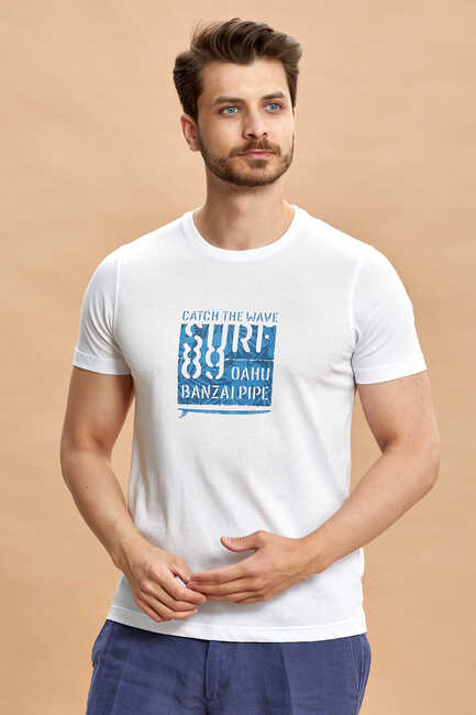 White 100% Cotton and Printed T-Shirt Beyaz