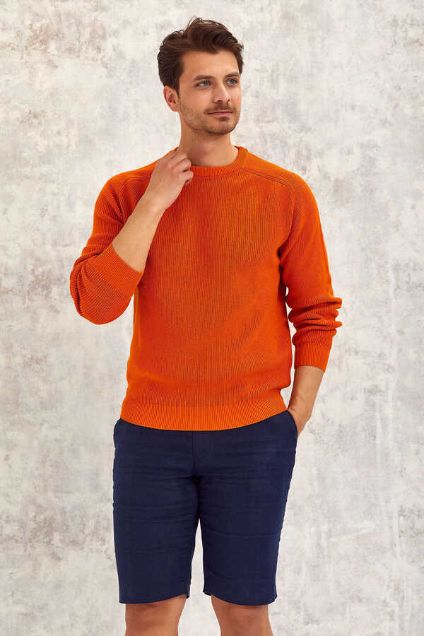 Turuncu %100 Pamuk Yuvarlak Yaka Kazak