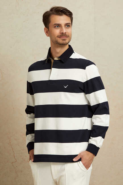 Lacivert - Ekru %100 Pamuk Kadife Yaka Sweatshirt