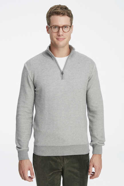 Grey 100% Cotton Jacquard Short Zip-Up Sweater 