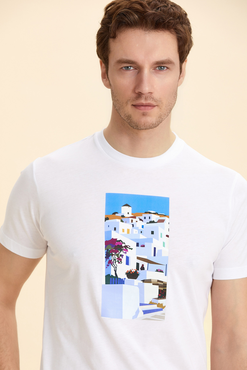 Beyaz %100 Pamuk Baskılı Tişört