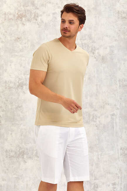 Beige V-Neck Basic T-Shirt Bej