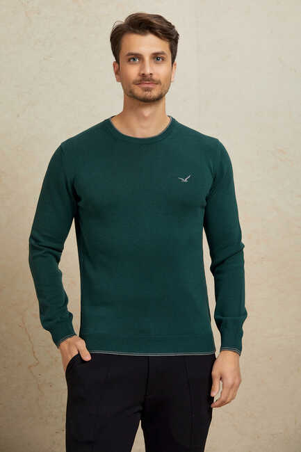 Dark Green 100% Cotton Round Neck Sweater 