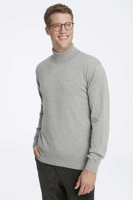 Grey Melange 100% Cotton Turtleneck Sweater 