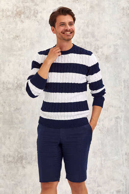 Navy Blue - White Crew Neck Sweater Lacivert - Beyaz