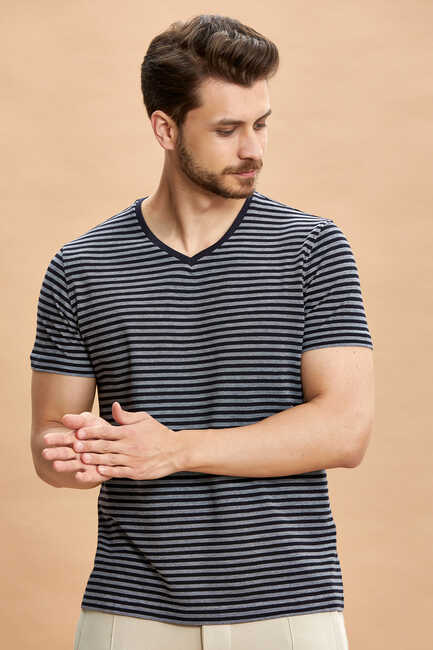 Navy Blue Striped V-Neck T-Shirt Lacivert